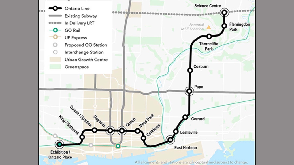A proposed map of the Ontario Line is pictured. (Metrolinx)